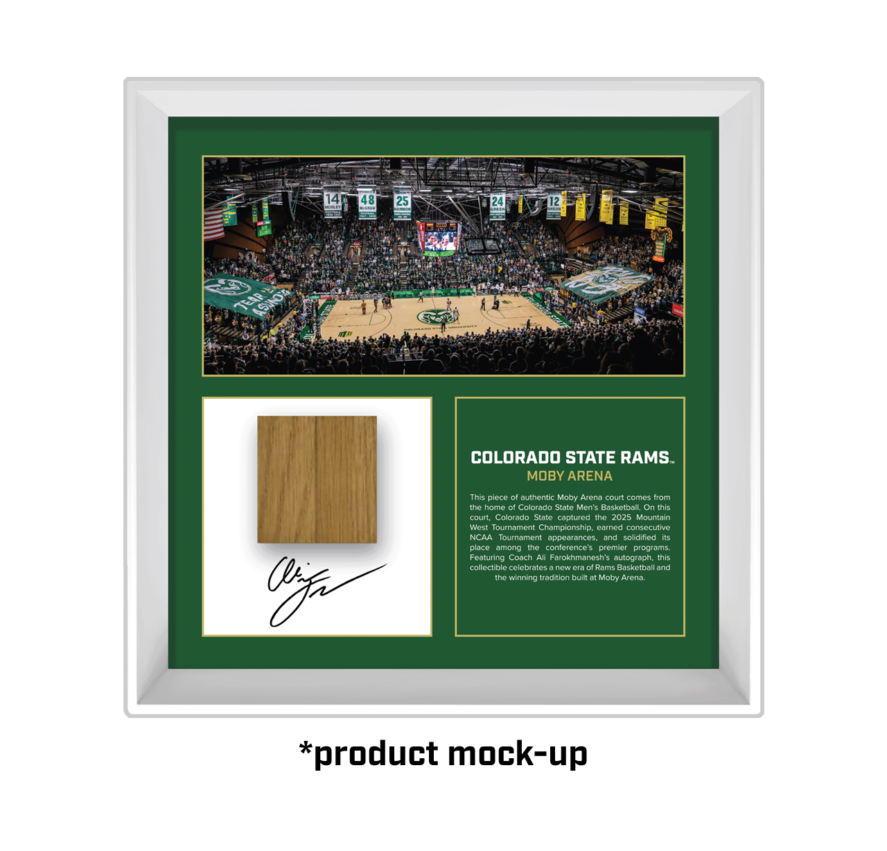 Framed sports memorabilia with a basketball arena view and Colorado State Rams text.