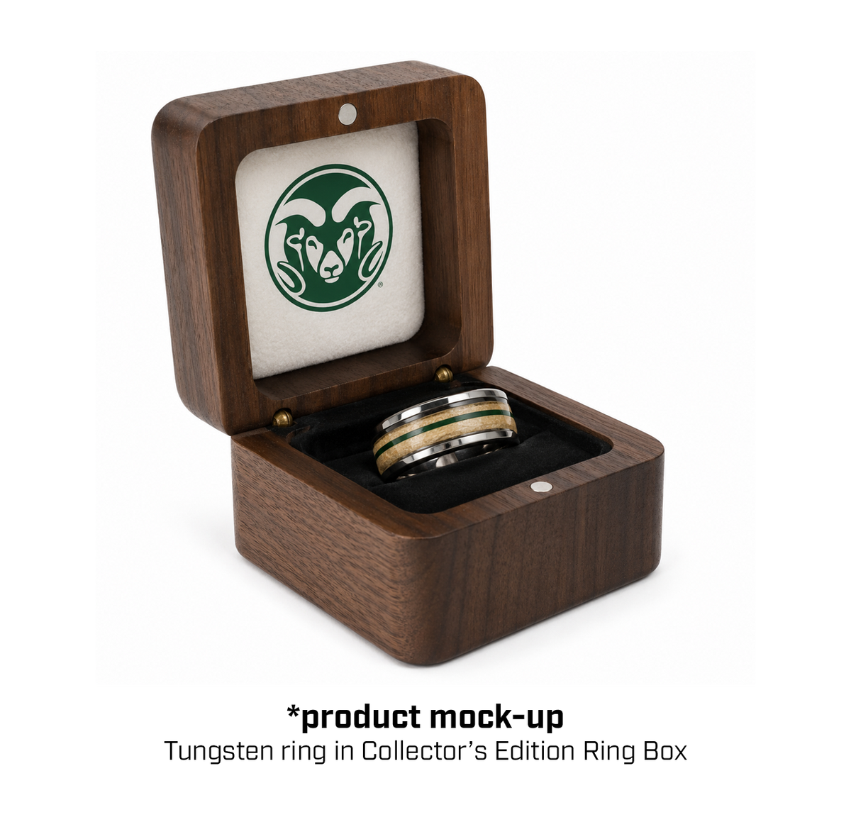 Wooden ring box with a tungsten ring and a white square inside featuring a green logo on a white background.