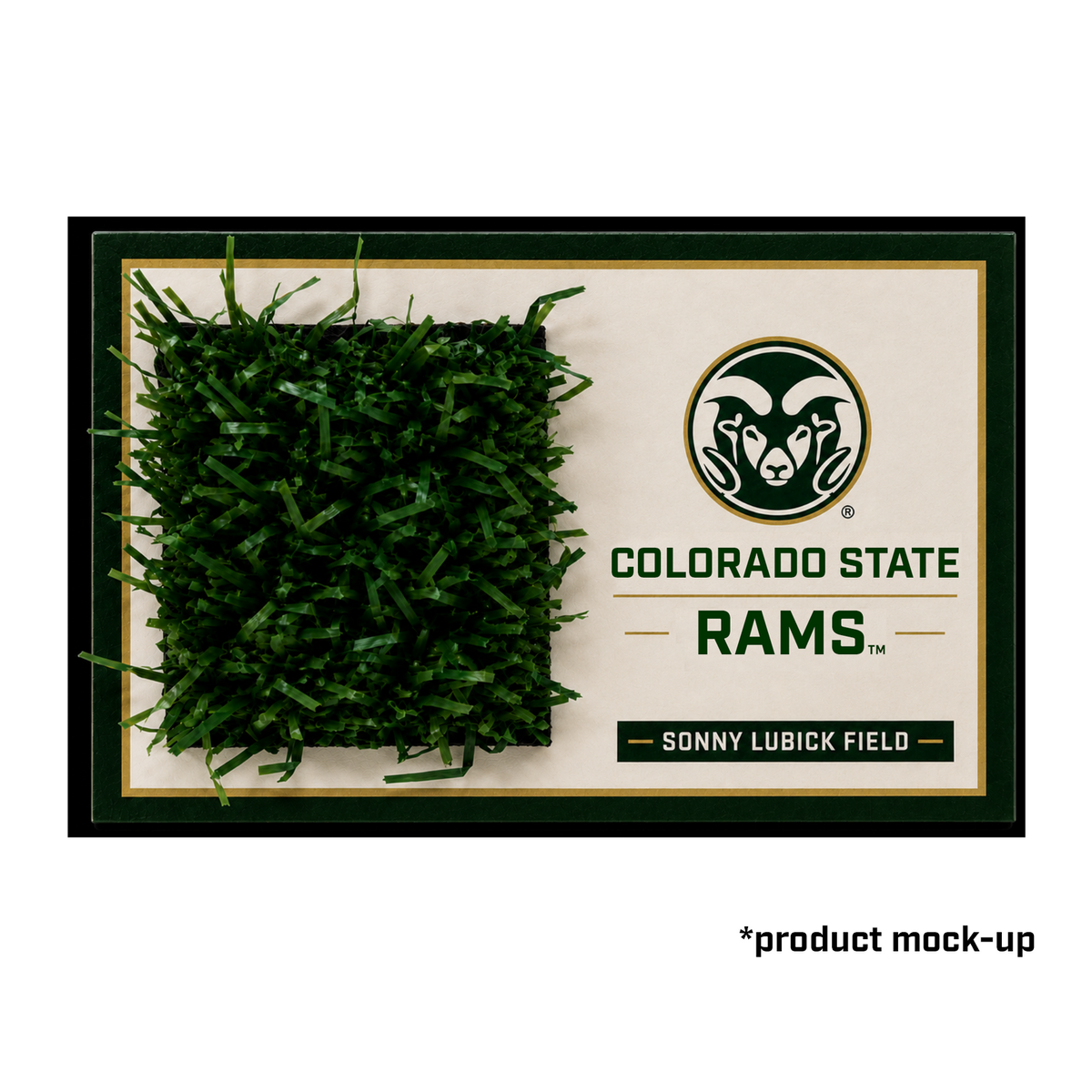 Swatch of artificial grass with Colorado State Rams logo on a white background