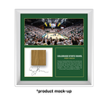 Framed sports memorabilia with a basketball arena photo, wooden panel, and text about Colorado State Rams Moby Arena.