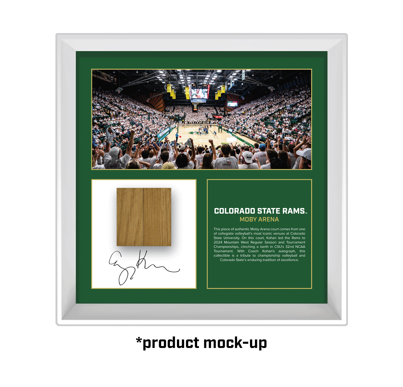 Framed sports memorabilia with a basketball arena photo, wooden panel, and text about Colorado State Rams Moby Arena.