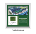 Framed display of Colorado State Rams stadium with grass sample, text and Jim Mora autograph.