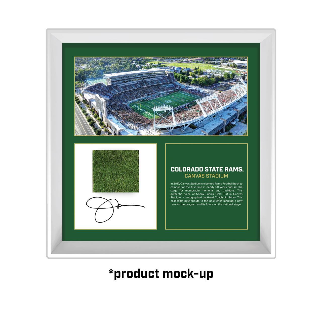 Framed display of Colorado State Rams stadium with grass sample, text and Jim Mora autograph.