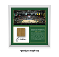 Framed sports memorabilia with a basketball court view, signature, and text on a white background