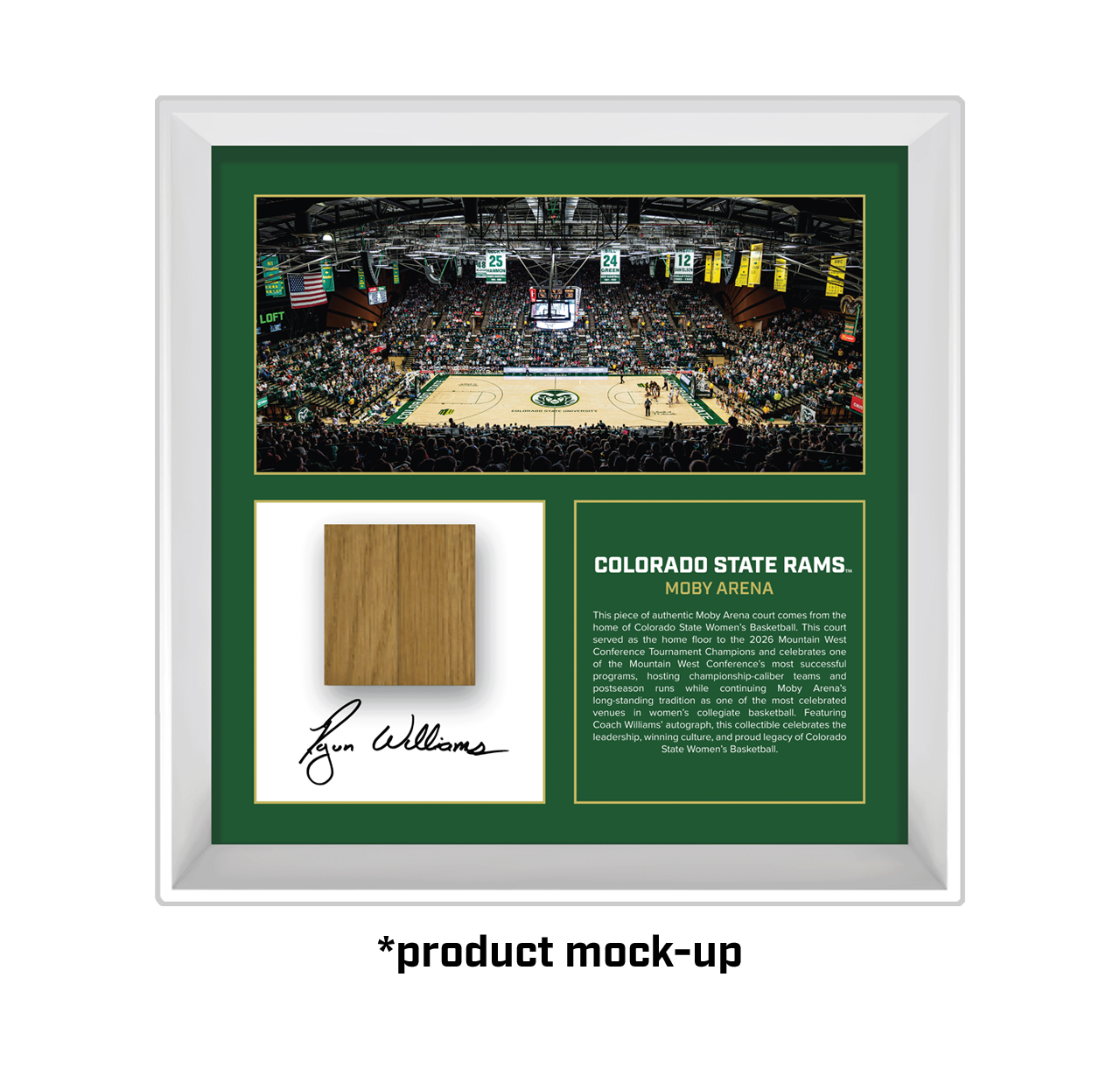 Framed sports memorabilia with a basketball court view, signature, and text on a white background